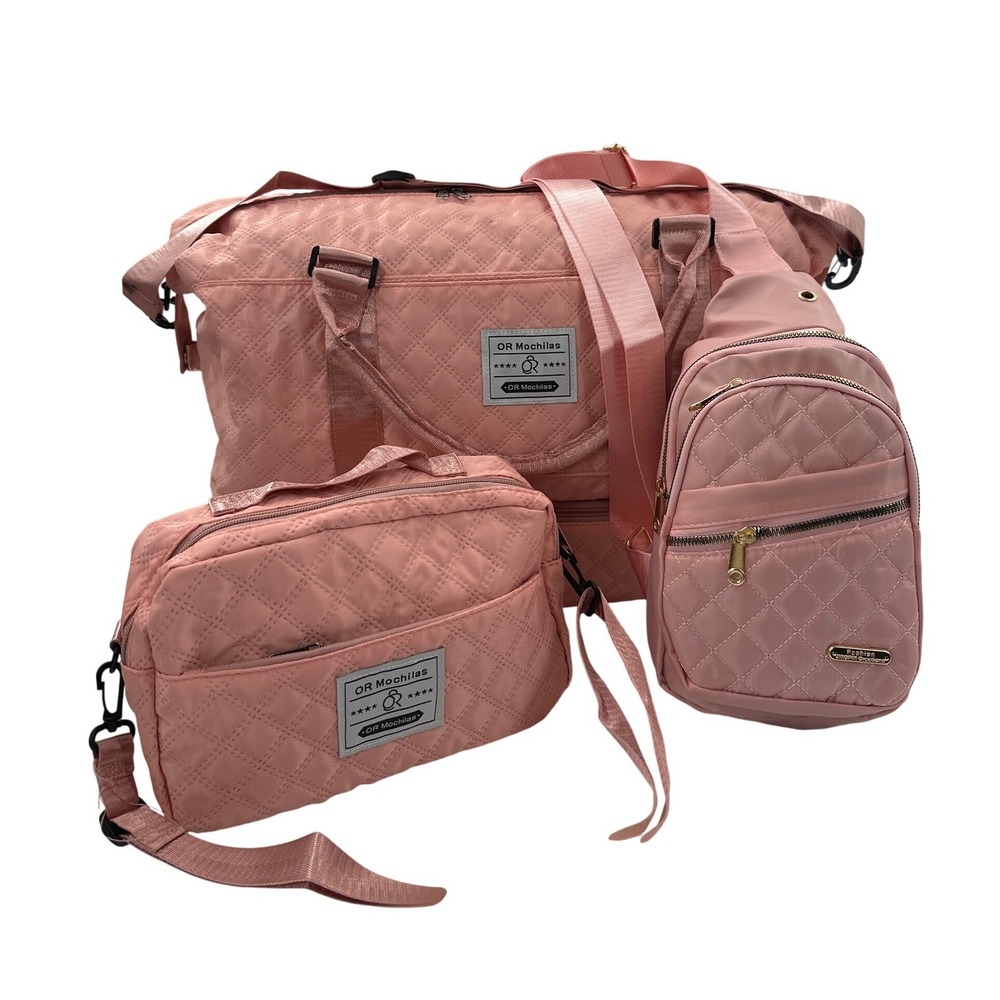 OR Mochilas 3 Piece Quilted Travel Bag Set Pink Duffel Crossbody Sling Backpack